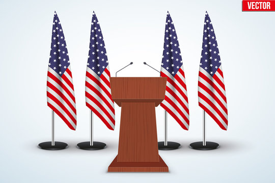 Wooden Podium Speaker Tribune with United States flags on background. US Election 2016 symbol. Vector Illustration Isolated