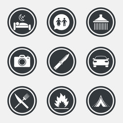 Hiking trip icons. Camping, shower and toilet.