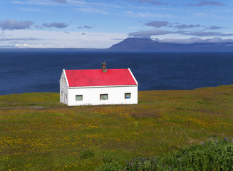 einsames Haus mit rotem Dach am Bakkafj&ouml;r&eth;ur in Island