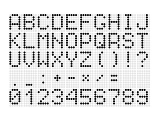 Digital dotted font with letters, numbers, mathematical symbols and punctuation marks for digital scoreboard. Black font characters on a white background