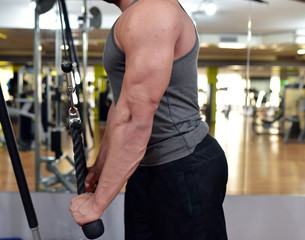 Naklejka premium Muscular guy is training at the fitness center