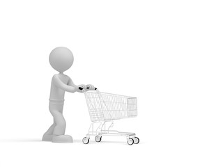 3d little man push shopping cart