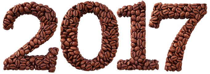 new 2017 year from coffee beans. isolated on white. 3D illustration.