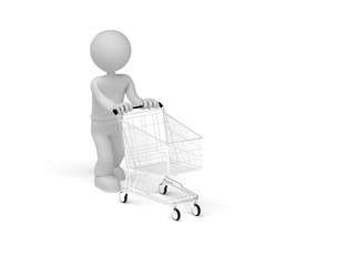 3d little man push shopping cart