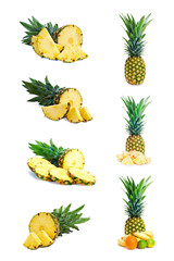 Set fresh pineapple fruits with cut isolated on white.