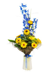 Floral bouquet of sunflowers and gerbera flowers  in vase isolated on white background.
