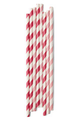 A pile of red and pink striped paper drink straws isolated on a white background