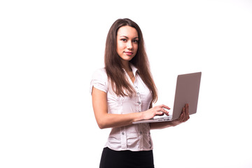 Successful business woman holding a laptop - isolated over white