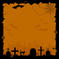 Halloween background with silhouettes of bats, cobwebs and tombstones
