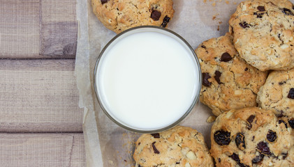 Closeup of homemade moms chocolate cookies with glass of milk