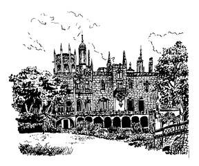 background facade of the palace in the estate of Quinta de Regaleira, in Sintra, Portugal, sketch hand drawn vector illustration