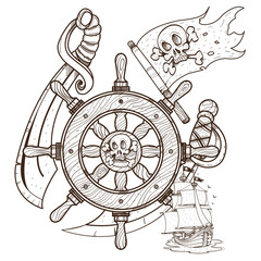 Steering wheel, sword, jolly roger, pirate ship. Graphics Pirate theme.