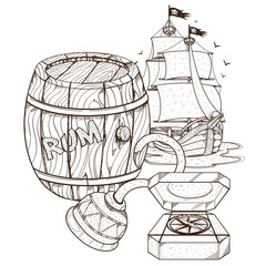 Fototapeta na wymiar Barrel of rum, pirate hook, compass, pirate ship. Graphics Pirate theme.