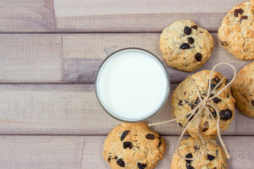 Closeup of homemade moms chocolate cookies with glass of milk