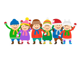 group of children in winter clothes on white background