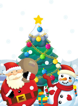 The santa claus with the sack full of presents - gifts - happy snowman - with christmas tree - illustration for children - christmas design