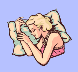 girl sleeping on side on pillow, woman sound asleep dreaming vector illustration