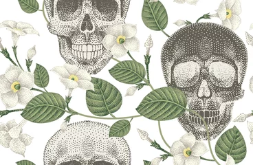 Wall murals Human skull in flowers Seamless pattern with flowers and skulls.
