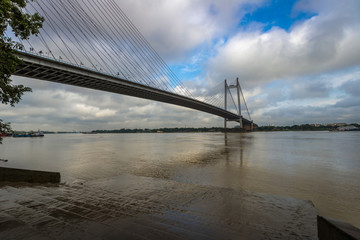 Second Hooghly river bridge - the longest cable stayed bridge in India. Photograph taken from Princep Ghat Kolkata.
