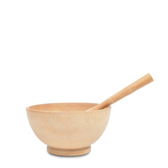 Wooden seasoning bowl set with spoon on white background.