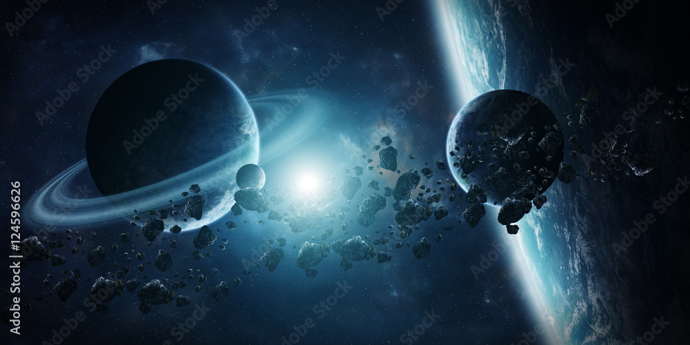 Poster Sunrise over distant planet system in space 3D rendering element