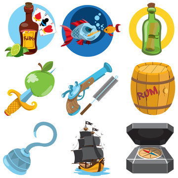 Set pirate things. The ship, rum barrel, pirate hook, dagger, pistol, compass, piranha, a bottle with a message.