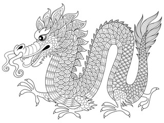 Chinese dragon in zentangle style. Adult antistress coloring page. Black and white hand drawn doodle for coloring book