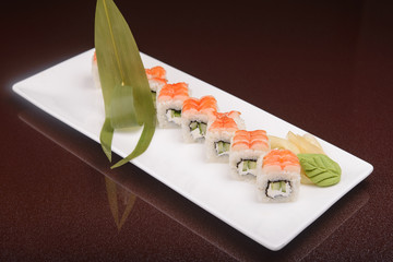 Sushi rolls on a white plate