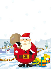 Cartoon santa claus with presents standing and smiling - gifts - happy snowman - illustration for children - christmas design