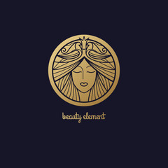 Vector abstract icon. Image of head beautiful girl in circle. Template logo pattern in trend of modern linear style. Beauty symbol. Design with organic motifs of birds for natural hair cosmetics.