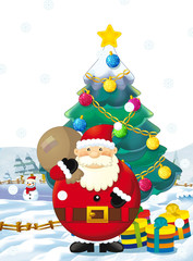 Cartoon santa claus with presents standing and smiling - gifts - happy snowman - christmas tree - illustration for children - christmas design