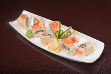 Sushi rolls on a white plate