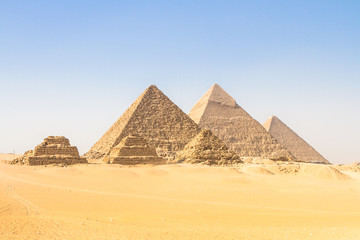 The pyramids of Giza, Cairo, Egypt. Oldest of the Seven Wonders of the Ancient World, and the only one to remain largely intact.