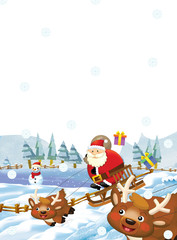 Cartoon santa claus flying with the sack full of presents - gifts - happy reindeer - illustration for children - christmas design