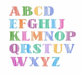 English alphabet, capital letters, the vertical shading with colored pencil, imitation, vector. Vector colorful letters on white background. Font, shading pencil, simulation. 