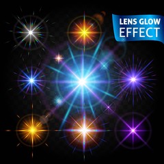 Lens glow effect. Set of glowing light reflections, realistic bright light lens effects. Use design, glow for the holidays. Vector illustration