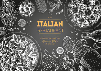 Obraz na płótnie Canvas Italian cuisine top view chalkboard frame. Italian food menu design. Vintage hand drawn sketch vector illustration.