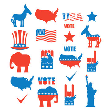 American Elections Icon Set. Republican Elephant And Democratic