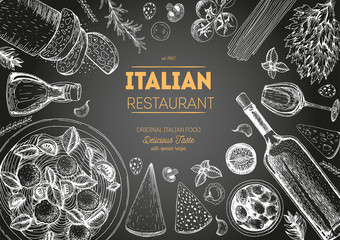 Italian cuisine top view chalkboard frame. Italian food menu design. Vintage hand drawn sketch vector illustration. © DiViArts