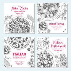 Italian food vintage design template. Square banners set. Vector illustration hand drawn linear art. Italian Cuisine restaurant menu. Hand drawn sketch vector banners.