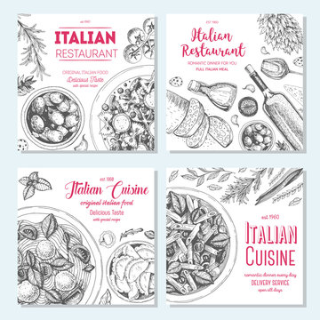 Italian food vintage design template. Square banners set. Vector illustration hand drawn linear art. Italian Cuisine restaurant menu. Hand drawn sketch vector banners.