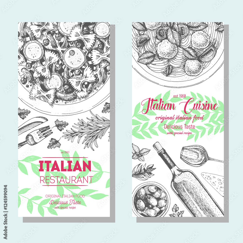 Wall mural italian food vintage design template. vertical banners set. vector illustration hand drawn linear ar