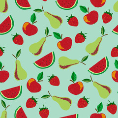 Colorful fruit seamless pattern. Vector background with doodle hand drawn fruits. 