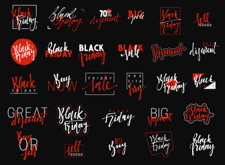 Black Friday lettering typographic emblems set. Calligraphy discount sale vector logo, text design. Discounts for Black Friday. Fashion stylish design element Usable for banners.