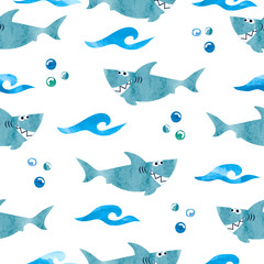 Seamless pattern with cartoon watercolor sharks. Vector background.