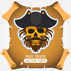 Pirate skull in a cocked hat. Vector stickers on the pirate theme.