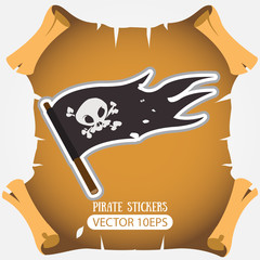 Black Jolly Roger pirate flag. Vector stickers on the pirate theme.