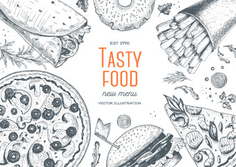 Fast food top view frame. Fast food banner, snack collection. Vintage vector illustration. Drawn in ink. 