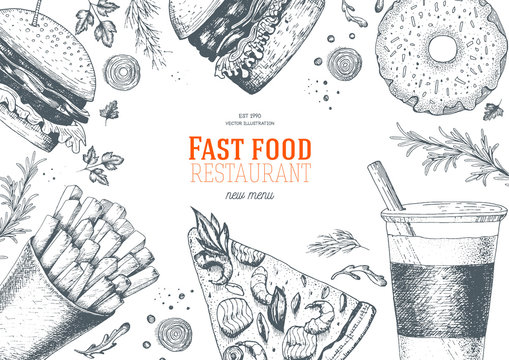 Fast food top view frame. Fast food banner, snack collection. Vintage vector illustration. Drawn in ink. 