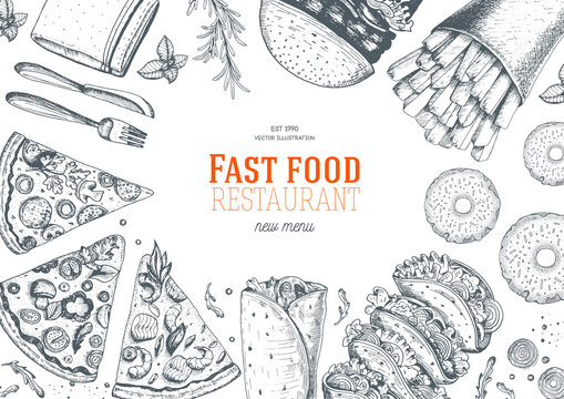 Fast food top view frame. Fast food banner, snack collection. Vintage vector illustration. Drawn in ink. 